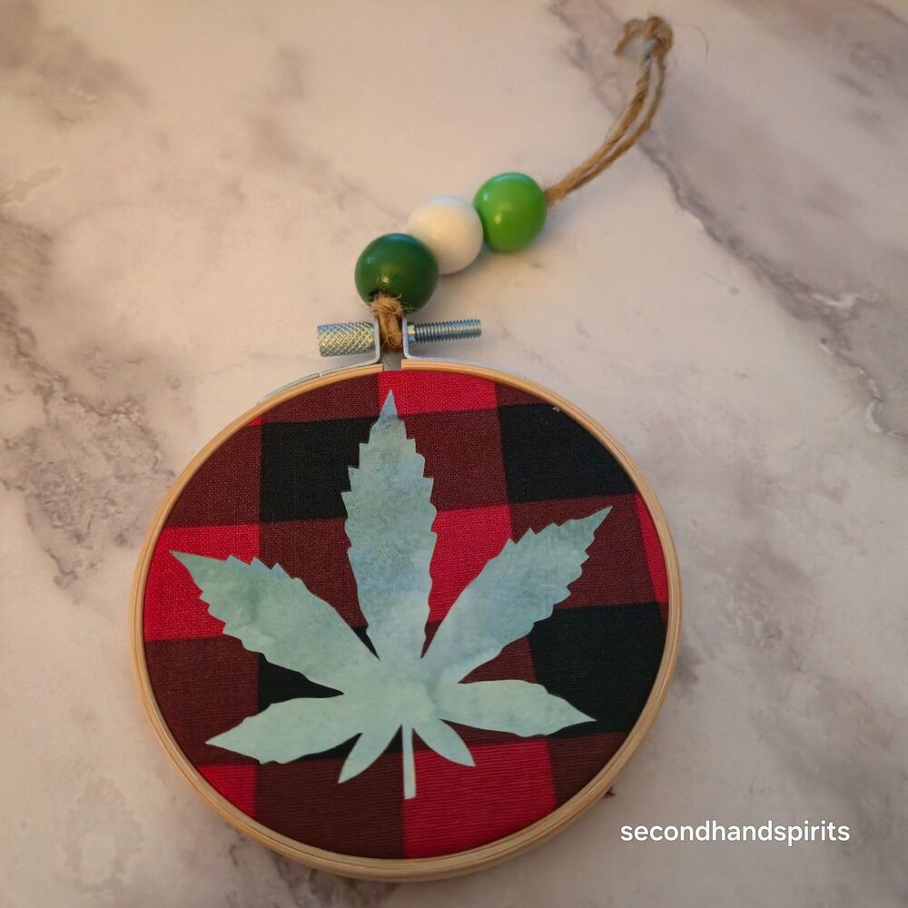 Rustic Red & Black Plaid Green Leaf Hoop Ornament Handmade Holiday Decor